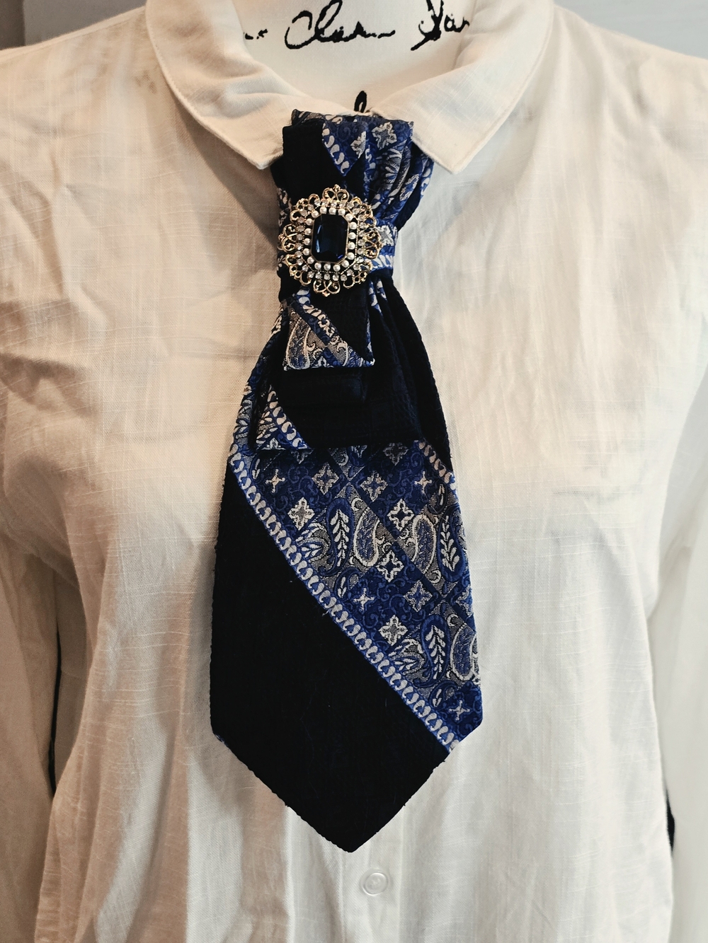 Blue and Silver Statement Neck Tie Necklace with Jeweled Brooch